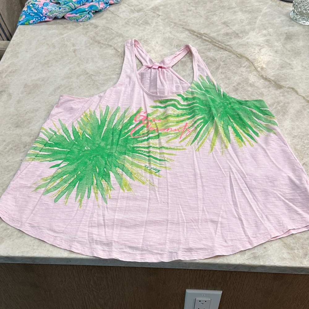 Lilly Pulitzer Pink Tank Top with Green Palm Design Gone Coconuts SZ xl